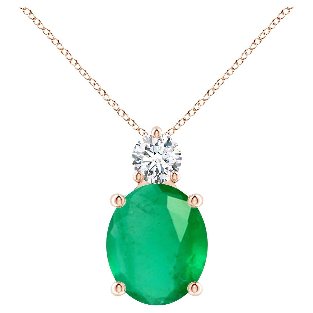 Natural Oval 4.75 ct Emerald Solitaire Pendant with Diamond in 14K Rose Gold