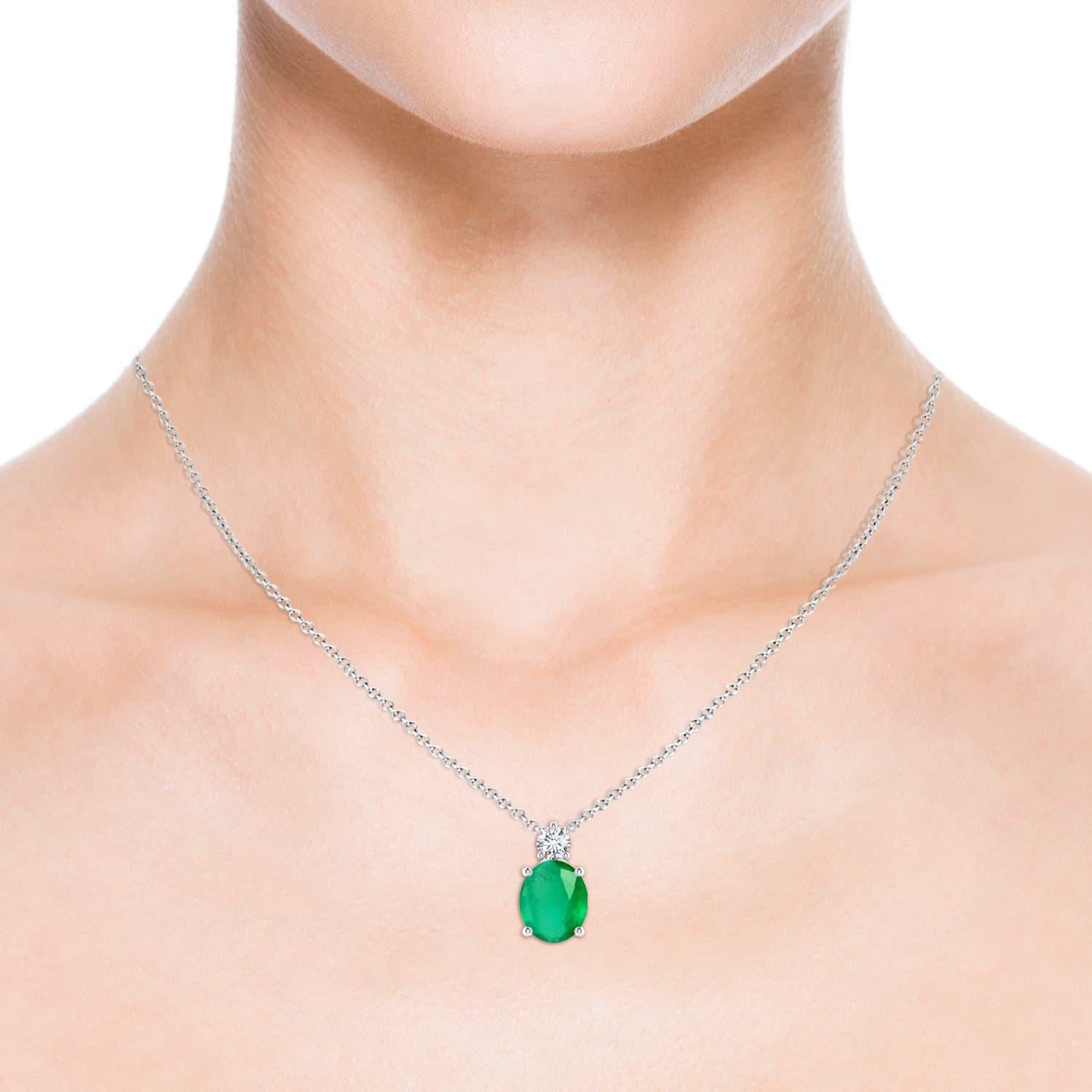 Oval Cut Natural Oval 4.75 ct Emerald Solitaire Pendant with Diamond in 14K White Gold For Sale