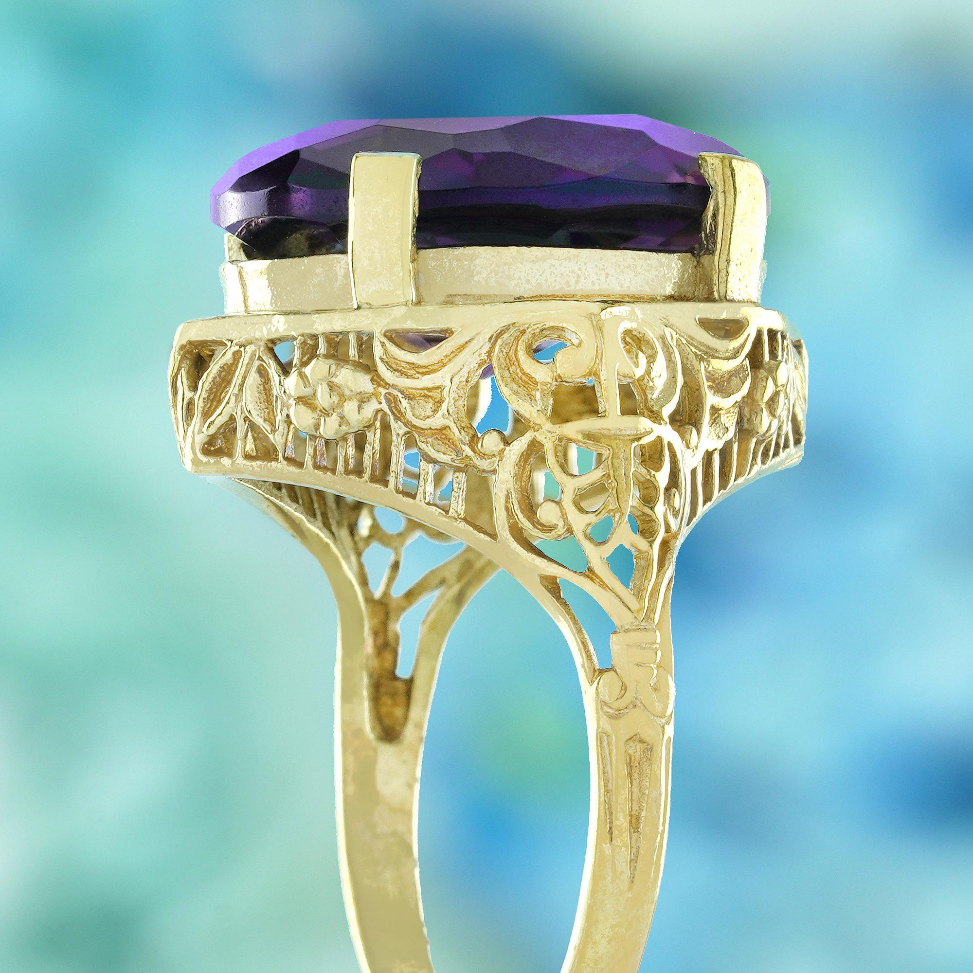 Filigraner natürlicher ovaler Amethyst-Cocktailring im Vintage-Stil aus massivem 9K Gold Damen im Angebot