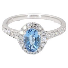Natural Oval Aquamarine and White Diamond .89 Carat TW White Gold Ring