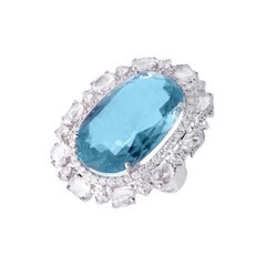 Natural Oval Aquamarine Cocktail Ring with Rose Cut Diamonds