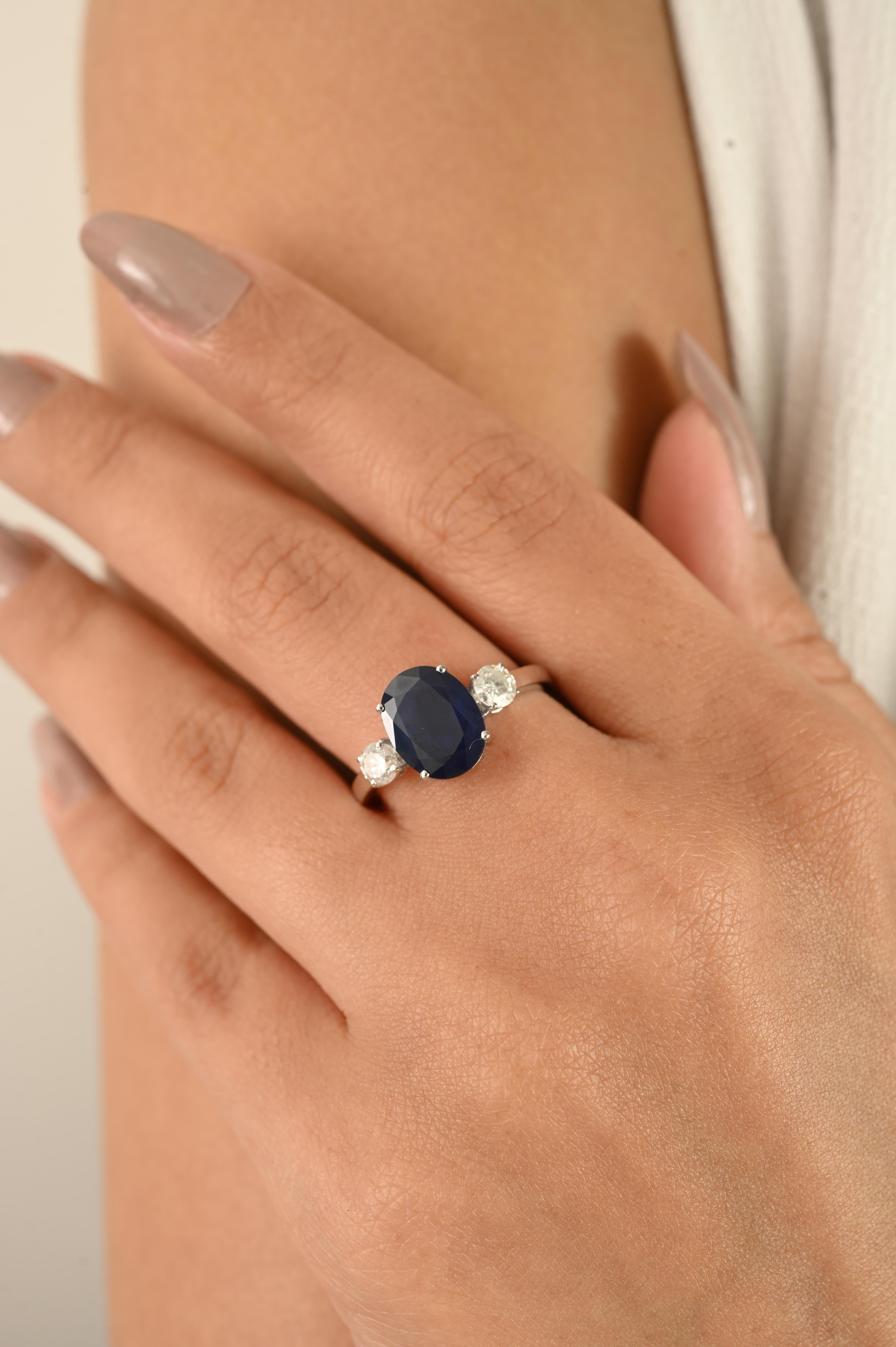 For Sale:  Natural Oval Blue Sapphire and Diamond Three-Stone Engagement Ring in 14k Gold 2