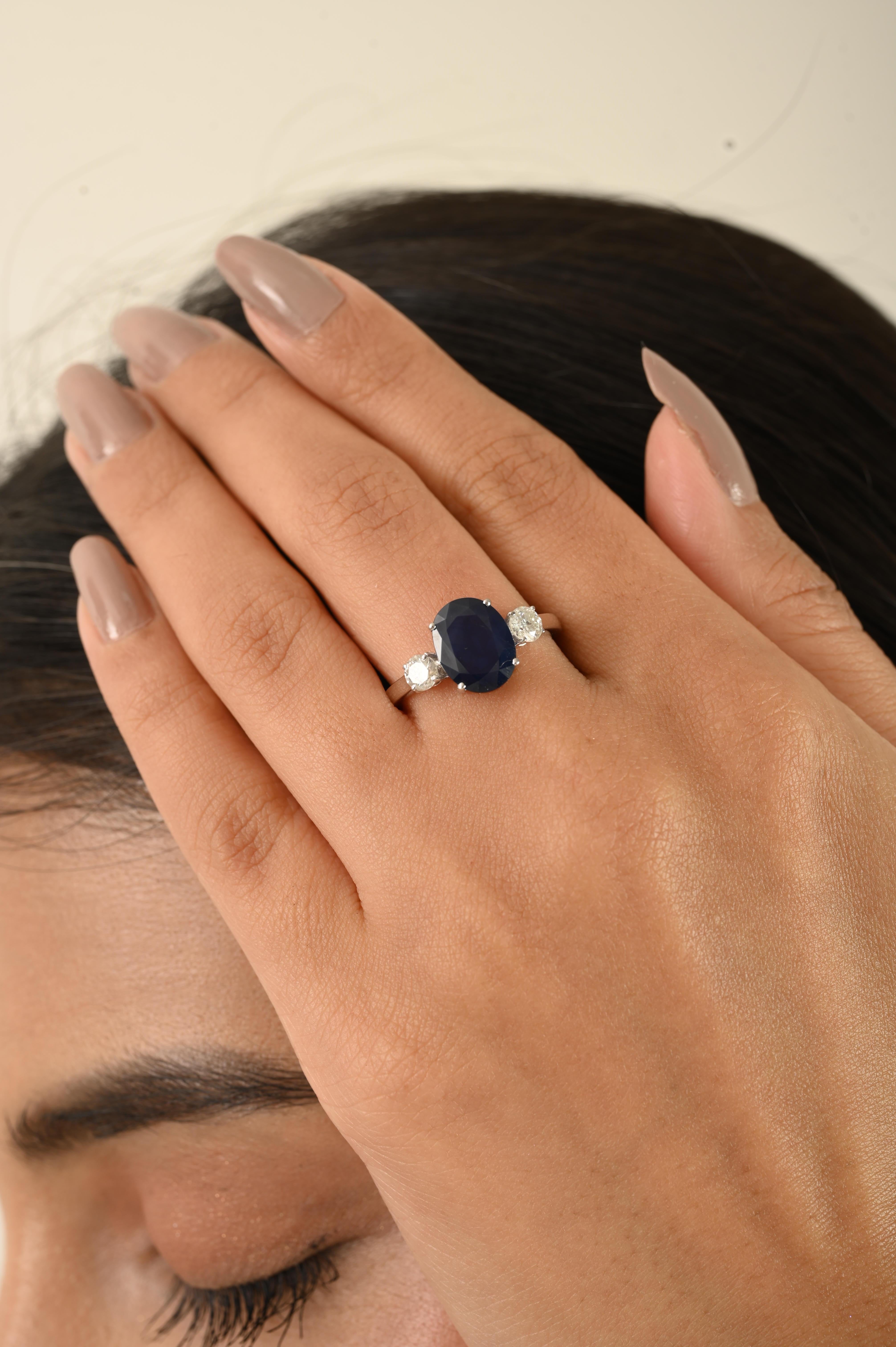 For Sale:  Natural Oval Blue Sapphire and Diamond Three-Stone Engagement Ring in 14k Gold 6