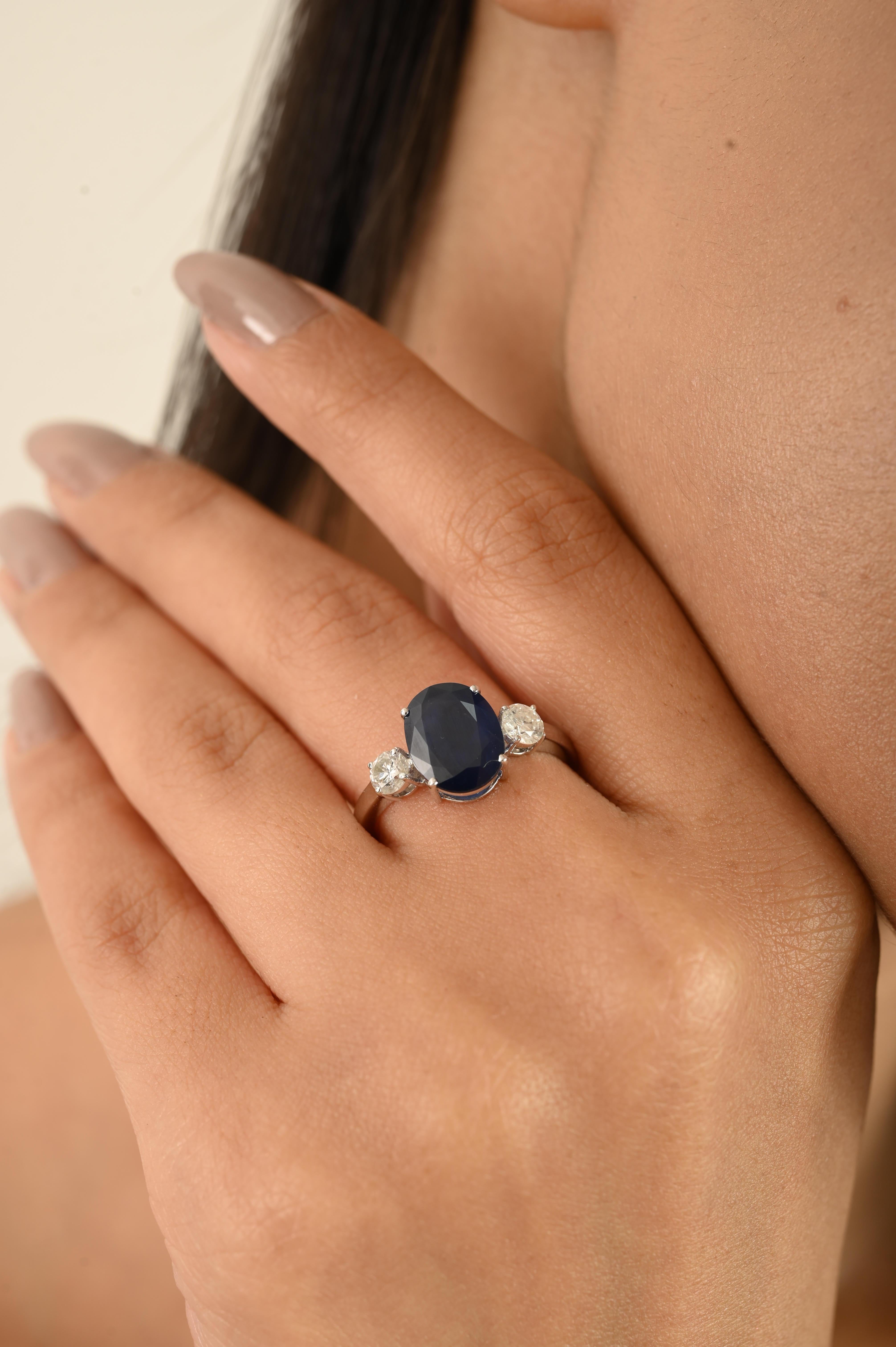 For Sale:  Natural Oval Blue Sapphire and Diamond Three-Stone Engagement Ring in 14k Gold 8