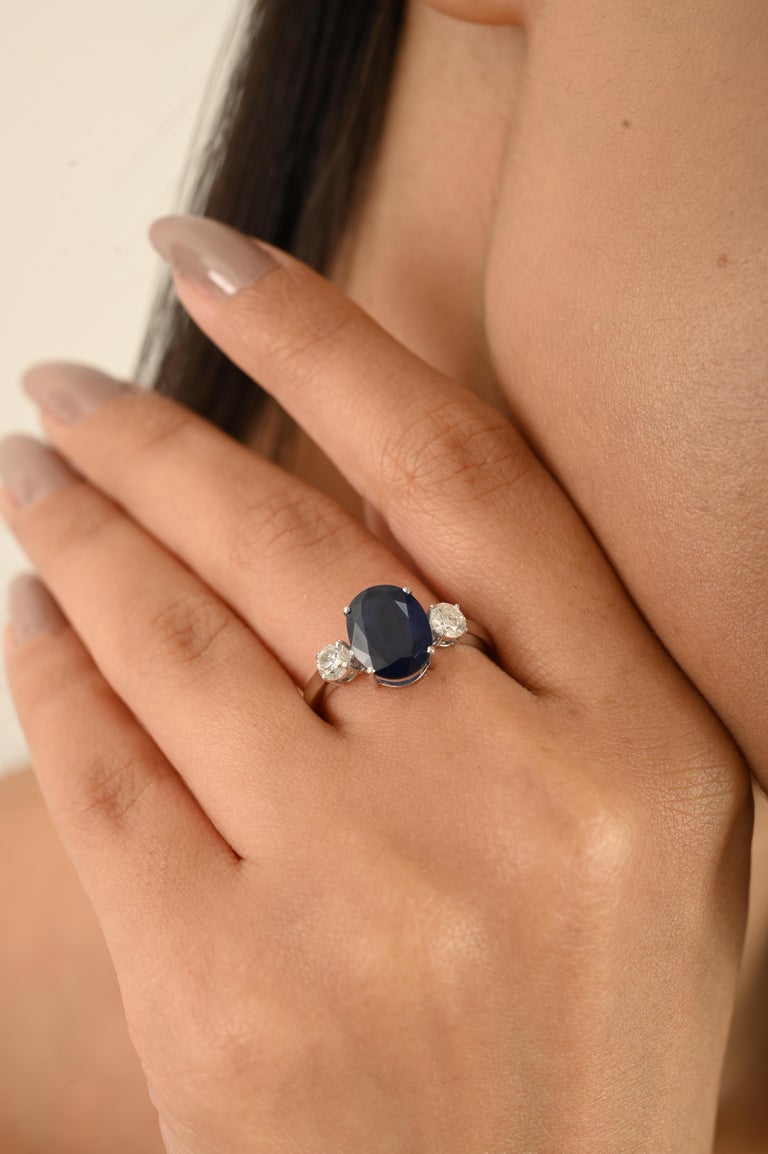 Bague Fiançailles Saphir Bleu Ovale 3,25 Ct Diamant Or Blanc 14K - Personnalisable