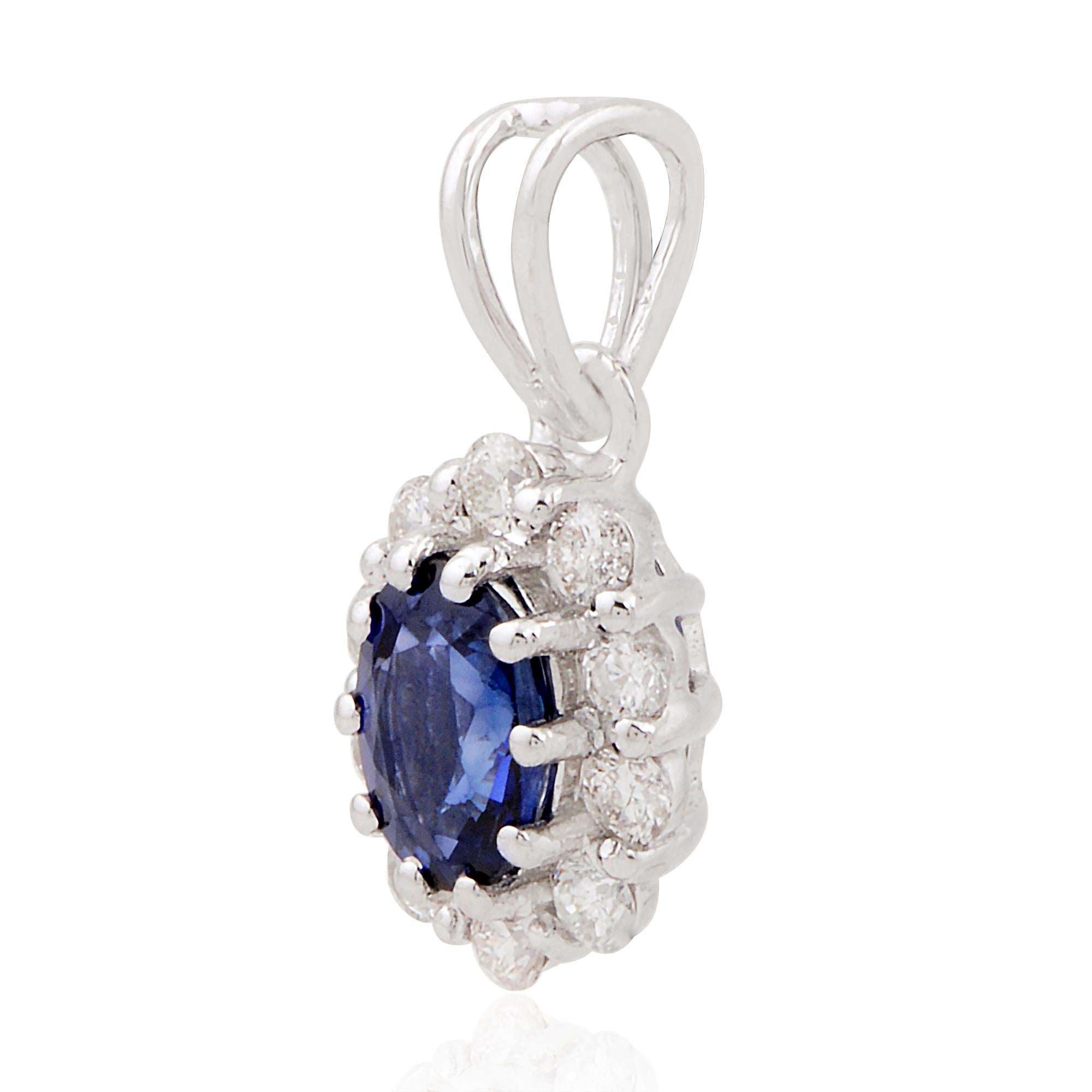Oval Cut Natural Oval Blue Sapphire Charm Pendant Diamond Solid 14k White Gold Jewelry For Sale