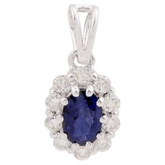 Natural Oval Blue Sapphire Charm Pendant Diamond Solid 14k White Gold Jewelry