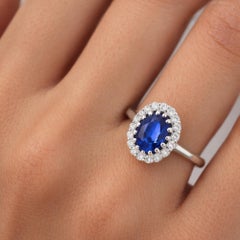 Natural Oval Blue Sapphire Diamond Halo Wedding Ring 18 Karat White Gold