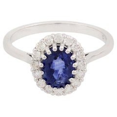 Natural Oval Blue Sapphire Diamond Halo Wedding Ring 18 Karat White Gold