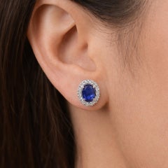 Natural Oval Blue Sapphire Halo Diamond Stud Earrings 18 Karat White Gold