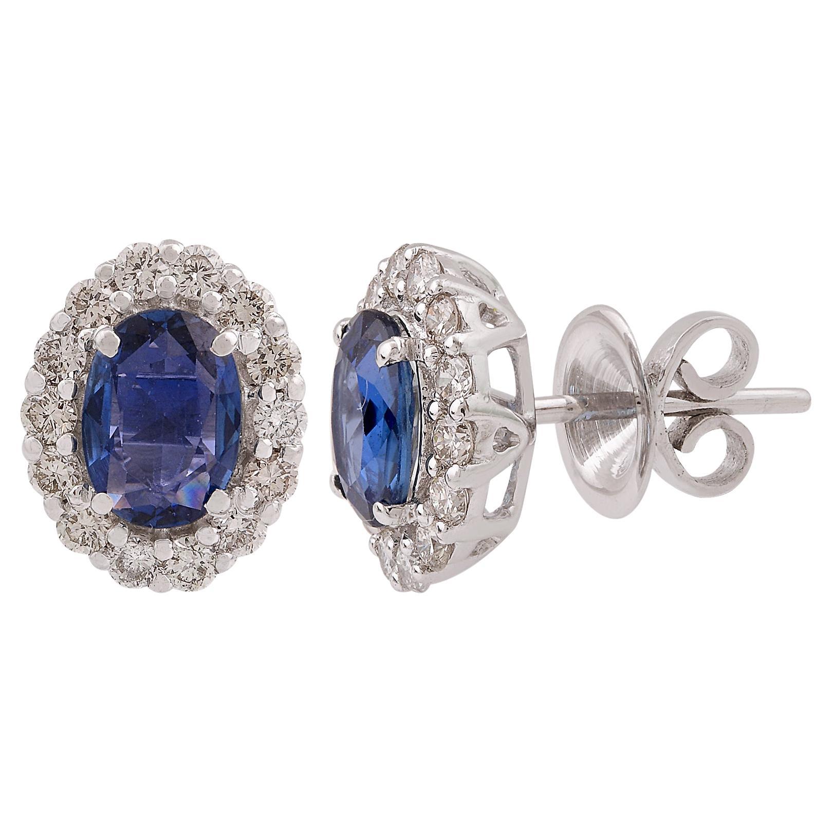 Natural Oval Blue Sapphire Halo Diamond Stud Earrings 18 Karat White Gold