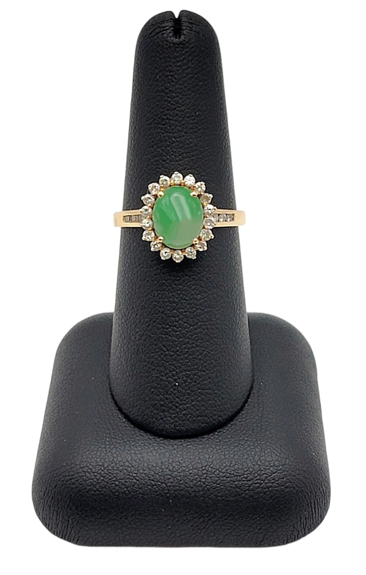 Natural Oval Cabochon Jade and Diamond Halo Ring in 14 Karat Yellow Gold For Sale 4