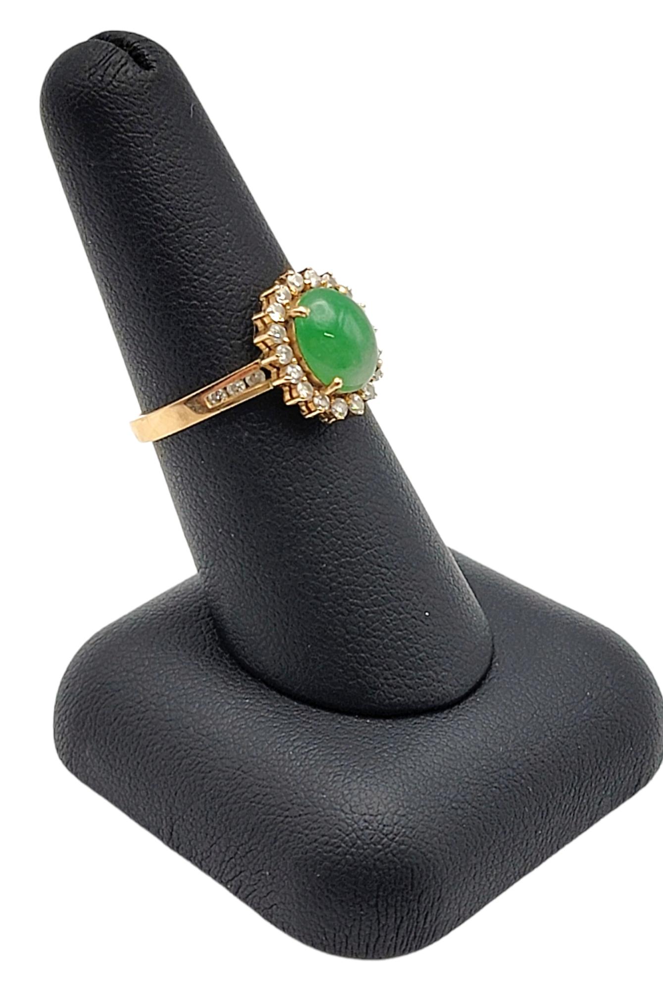 Natural Oval Cabochon Jade and Diamond Halo Ring in 14 Karat Yellow Gold For Sale 5