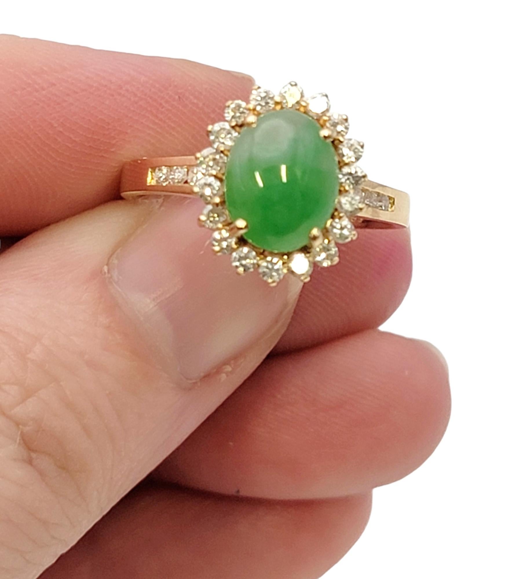 Natural Oval Cabochon Jade and Diamond Halo Ring in 14 Karat Yellow Gold For Sale 6