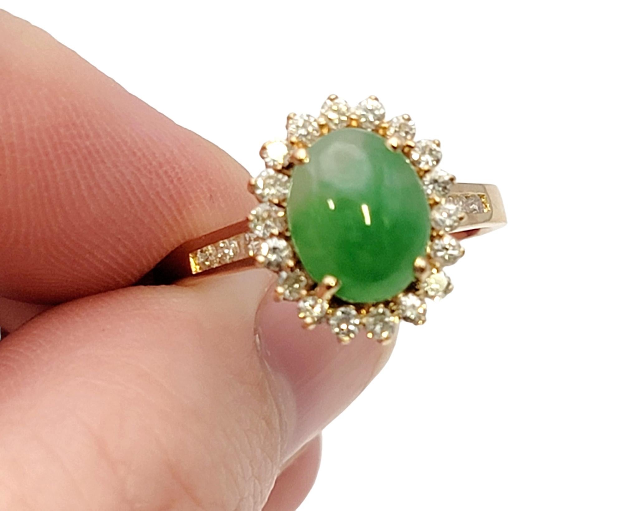 Natural Oval Cabochon Jade and Diamond Halo Ring in 14 Karat Yellow Gold For Sale 7