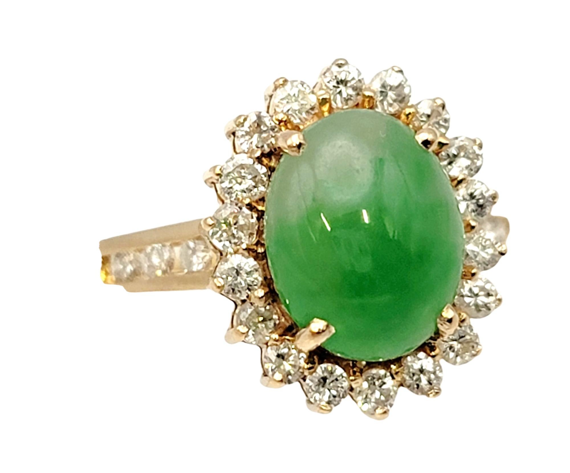 Contemporary Natural Oval Cabochon Jade and Diamond Halo Ring in 14 Karat Yellow Gold For Sale