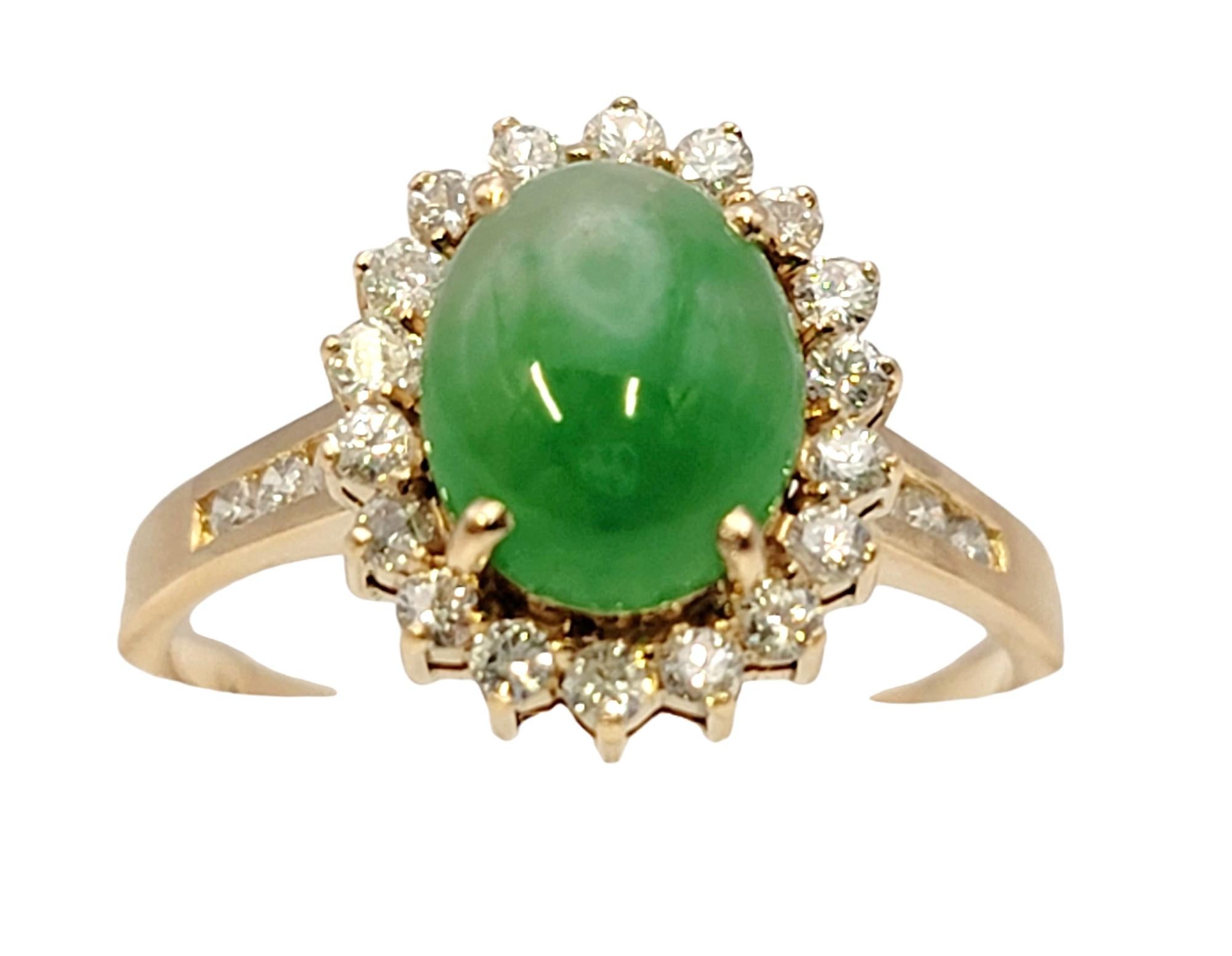 Oval Cut Natural Oval Cabochon Jade and Diamond Halo Ring in 14 Karat Yellow Gold For Sale