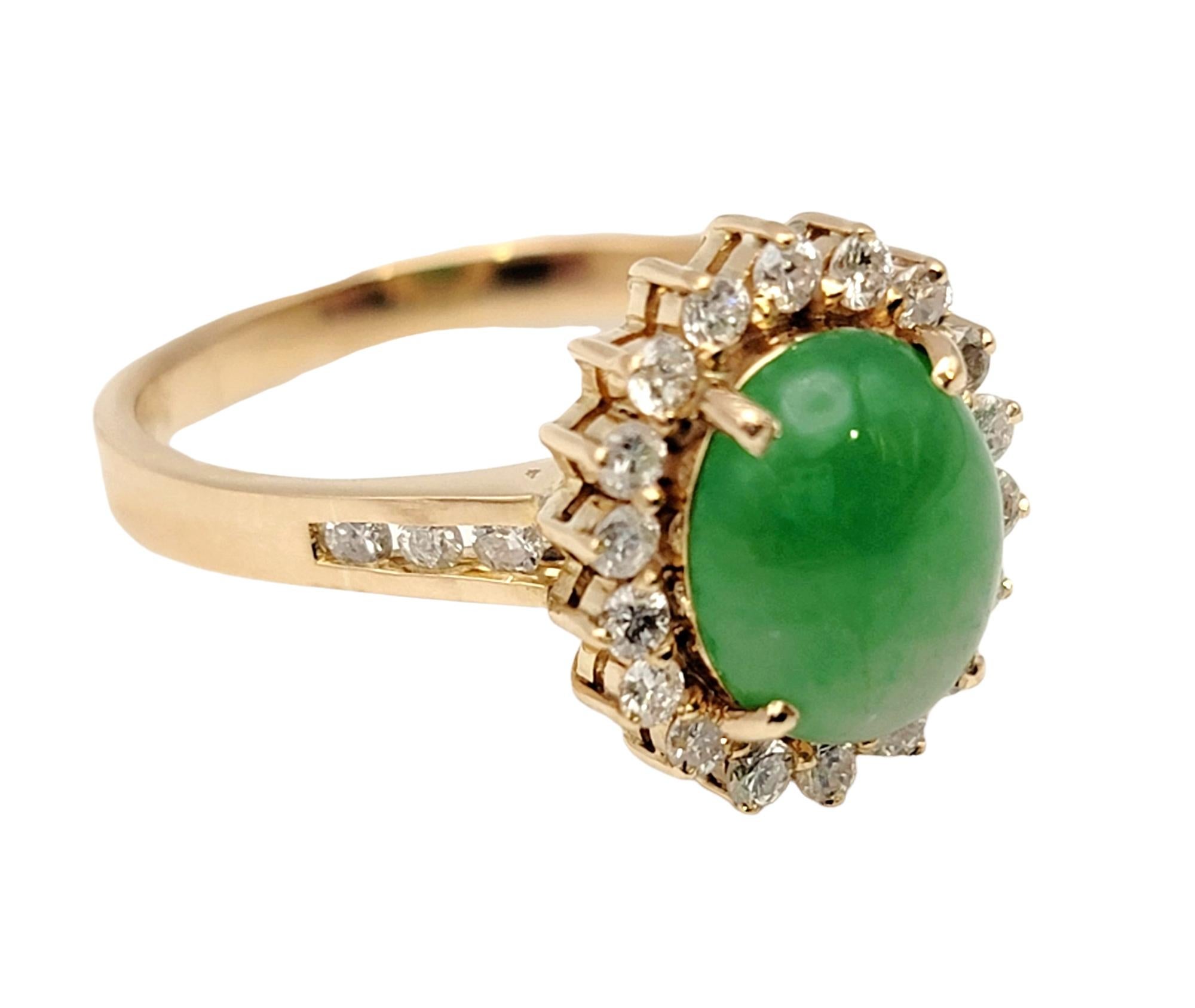 Natural Oval Cabochon Jade and Diamond Halo Ring in 14 Karat Yellow Gold In Good Condition For Sale In Scottsdale, AZ
