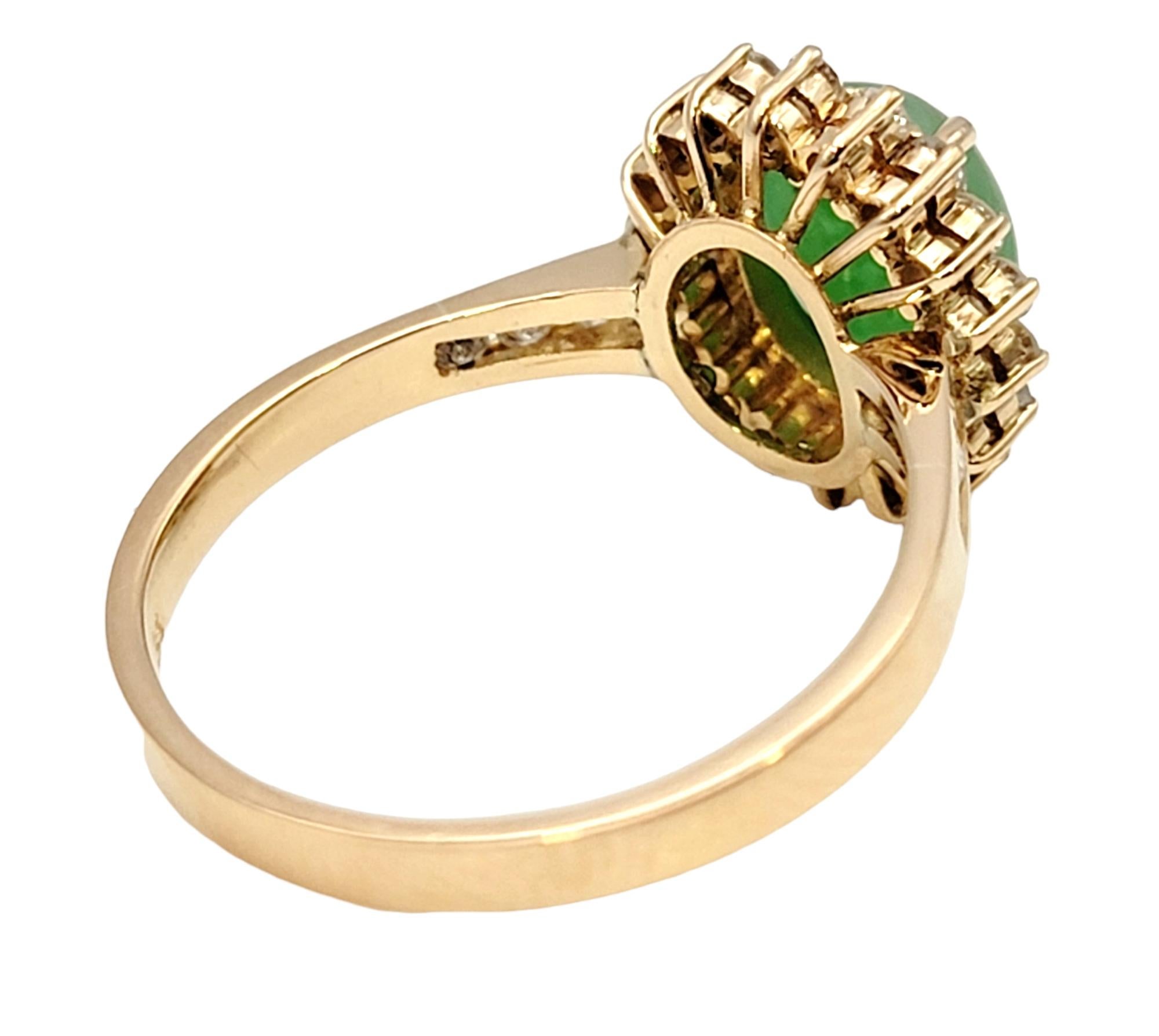 Women's Natural Oval Cabochon Jade and Diamond Halo Ring in 14 Karat Yellow Gold For Sale