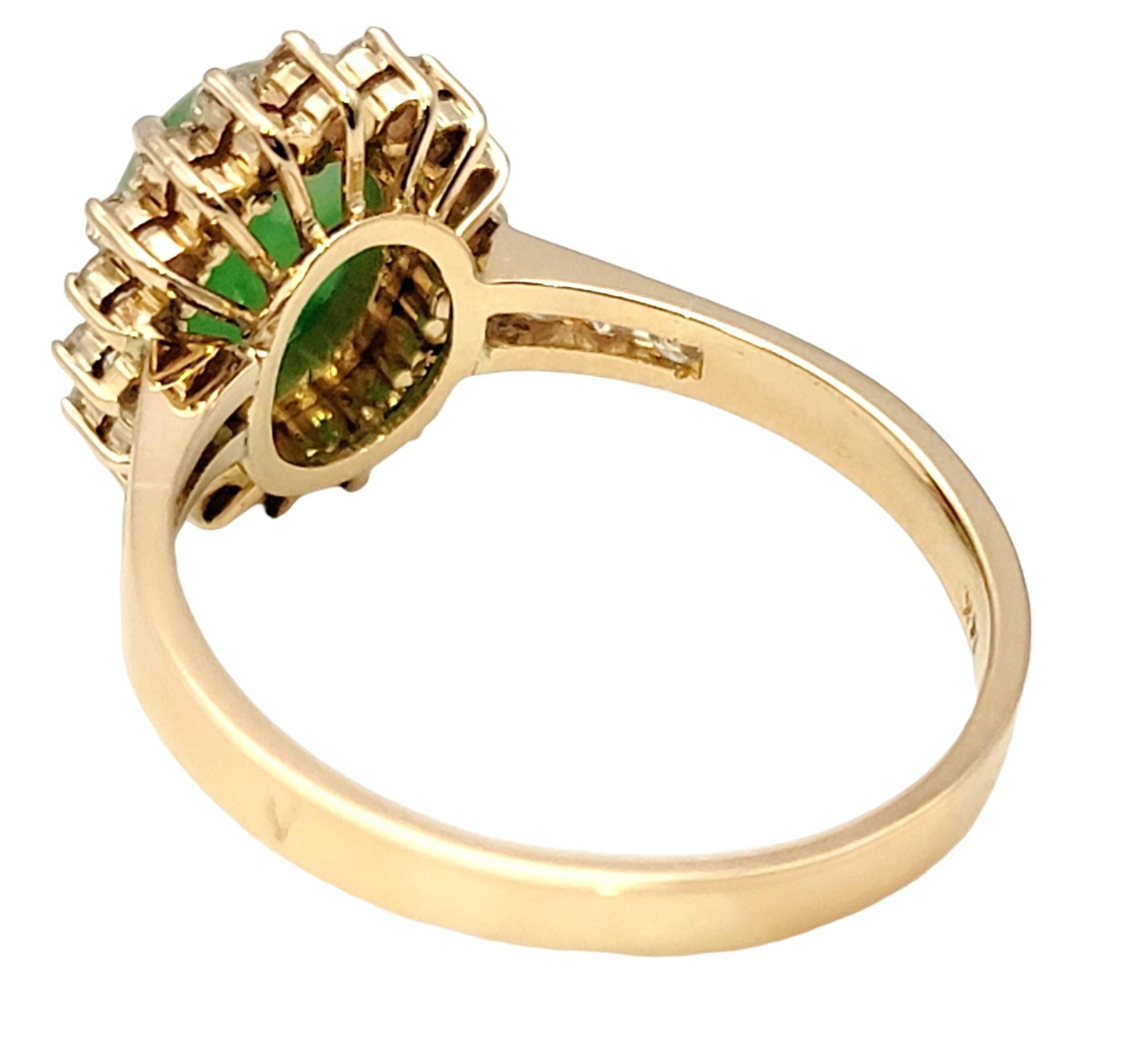 Natural Oval Cabochon Jade and Diamond Halo Ring in 14 Karat Yellow Gold For Sale 1