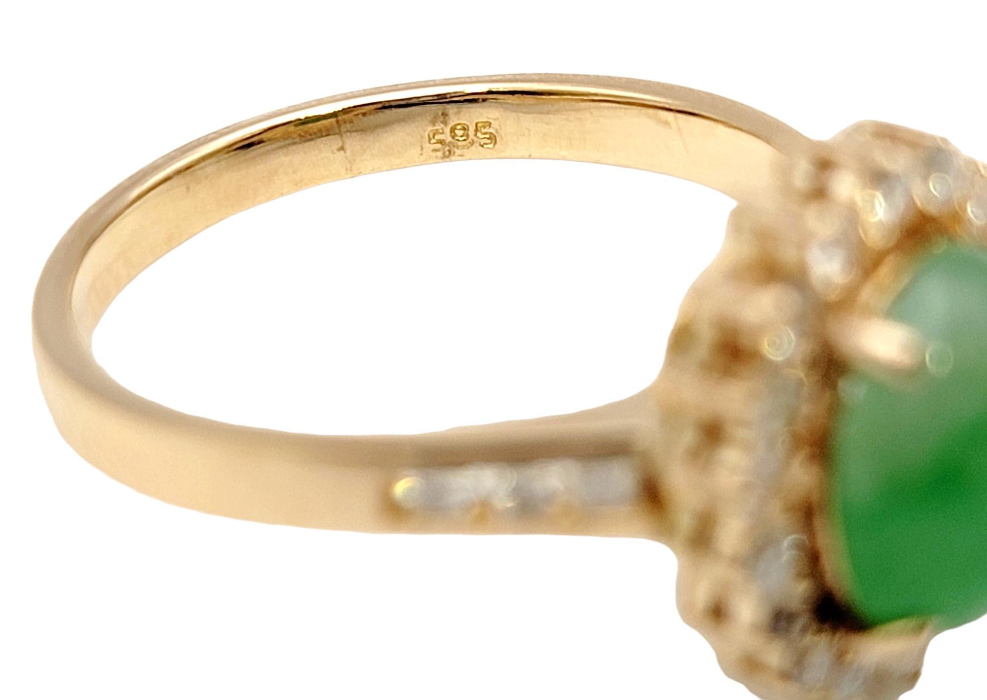 Natural Oval Cabochon Jade and Diamond Halo Ring in 14 Karat Yellow Gold For Sale 3