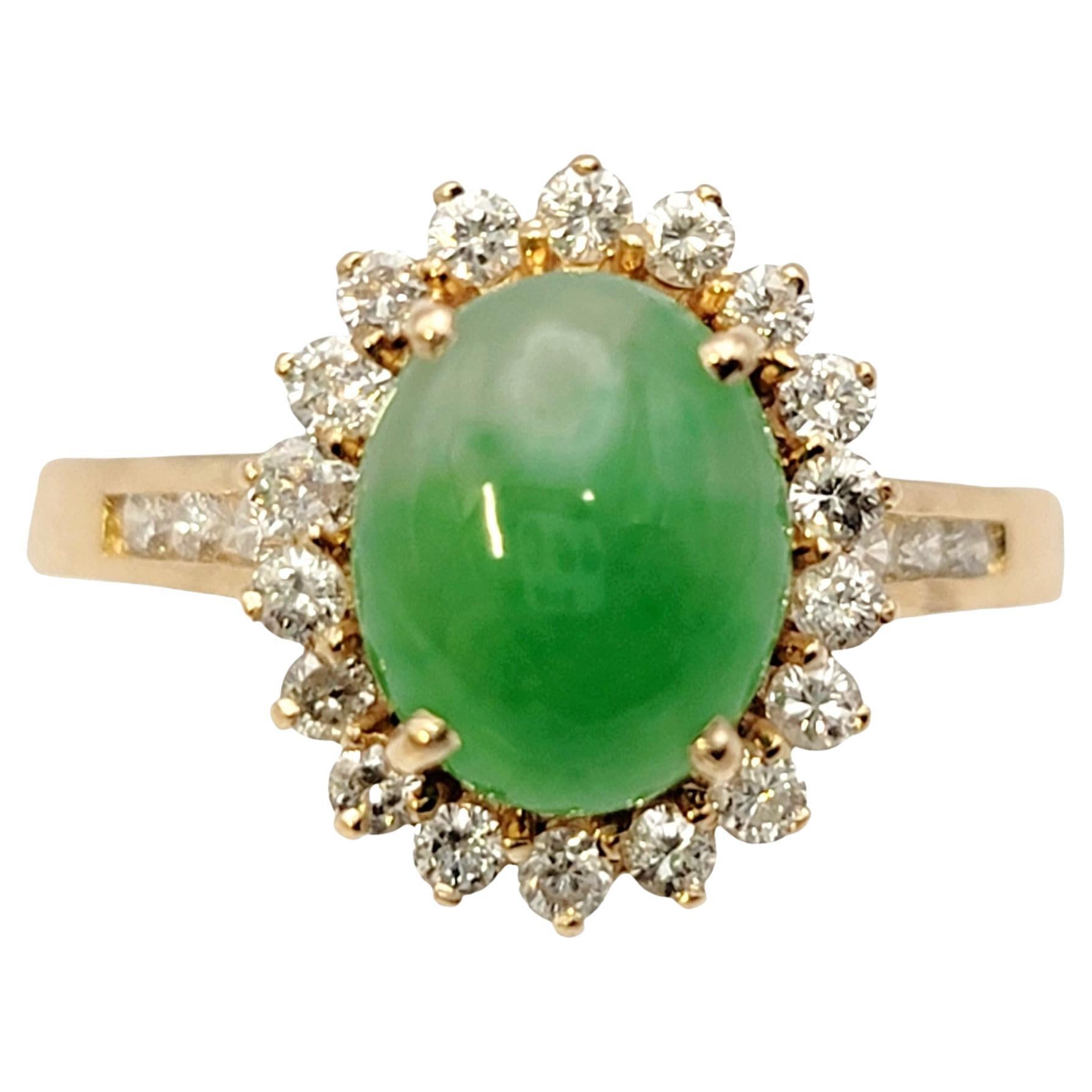 Natural Oval Cabochon Jade and Diamond Halo Ring in 14 Karat Yellow Gold For Sale