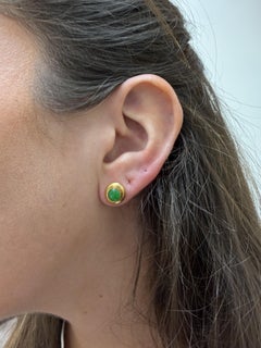Natural Oval Cabochon Jadeite Jade Bezel Set in 18K Yellow Gold Stud Earrings