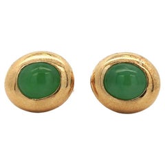 Natural Oval Cabochon Jadeite Jade Bezel Set in 18K Yellow Gold Stud Earrings