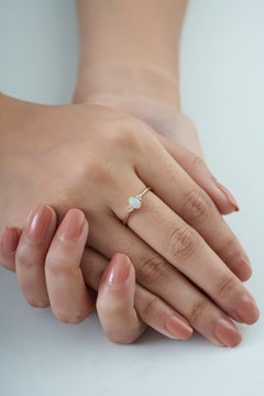 Natural Oval Cabochon Opal Ring with Trio Diamonds in 14K Solid Yellow Gold