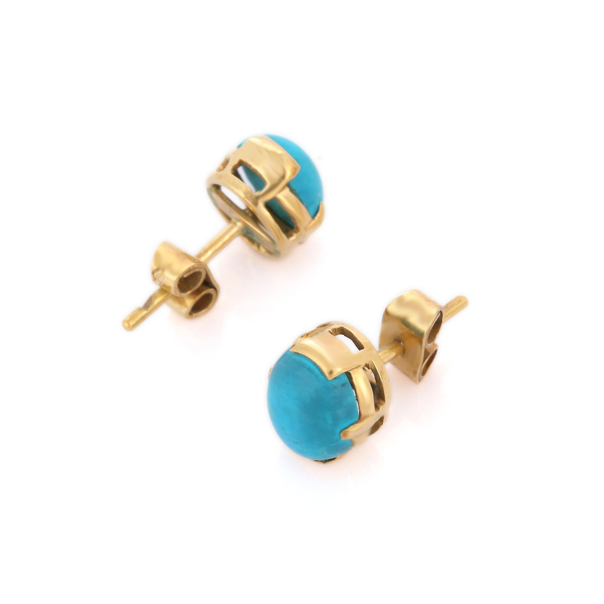 Studs create a subtle beauty while showcasing the colors of the natural precious gemstones. These minimal ear studs will effortlessly make you stand out.

Oval cut cabochon turquoise studs in 18K gold. Embrace your look with these stunning pair of
