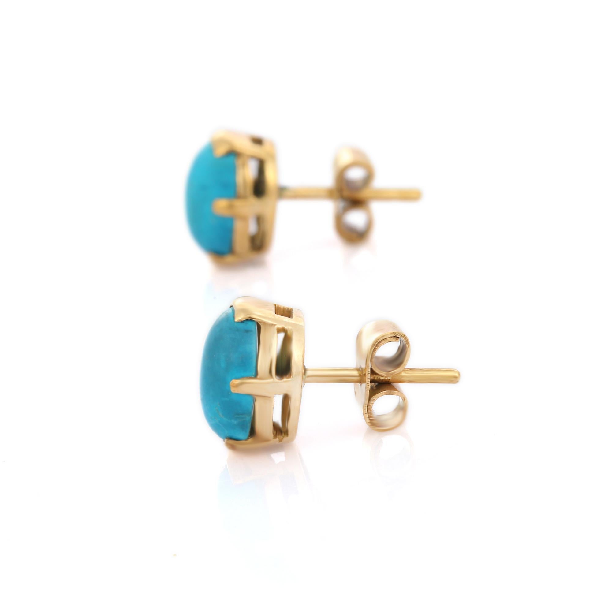 Moderne Clous d'oreilles minimalistes en or jaune 18 carats avec turquoise ovale naturelle de 6 carats  en vente