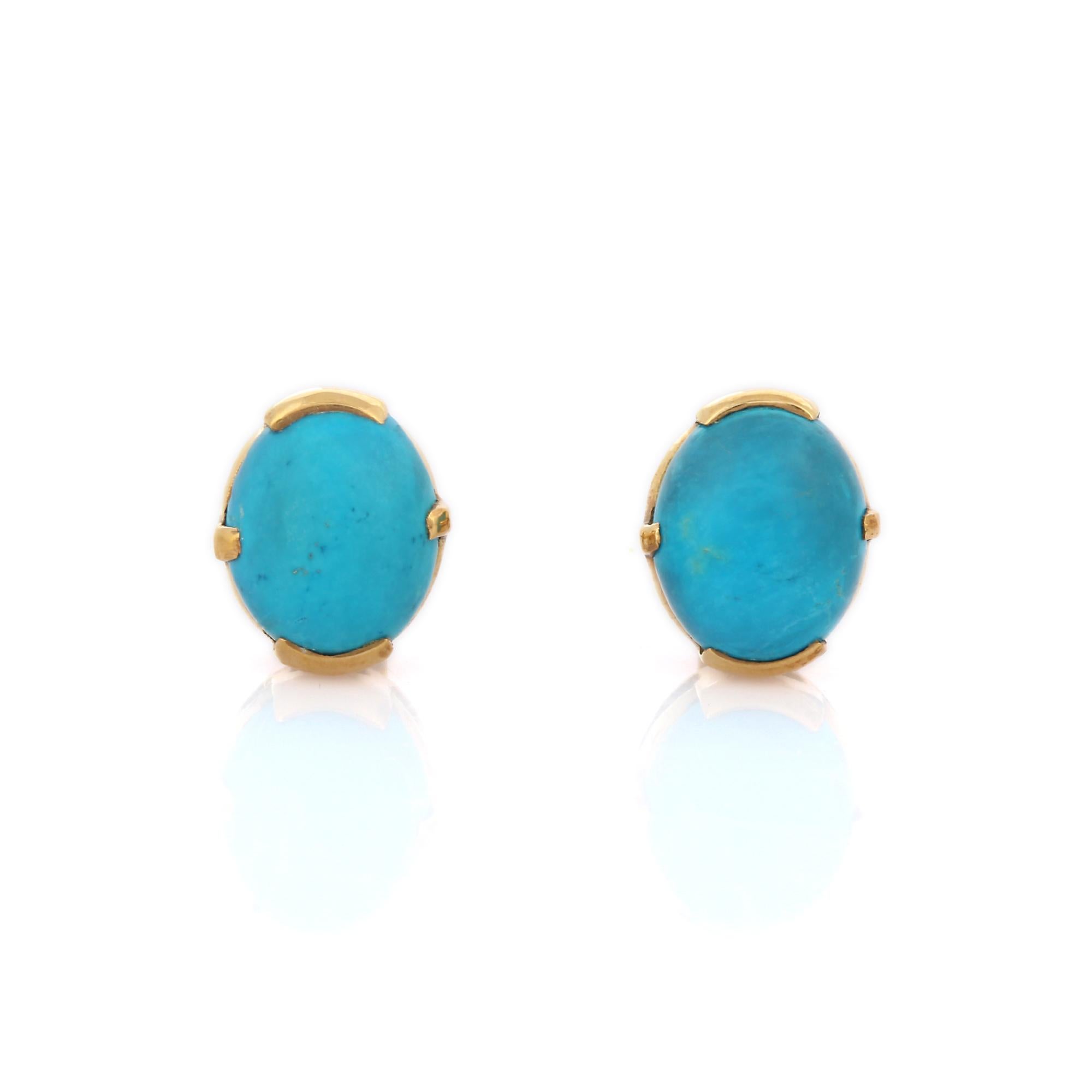Natural Oval 6 ct Turquoise Minimalist Stud Earrings in 18K Yellow Gold  In New Condition For Sale In Houston, TX
