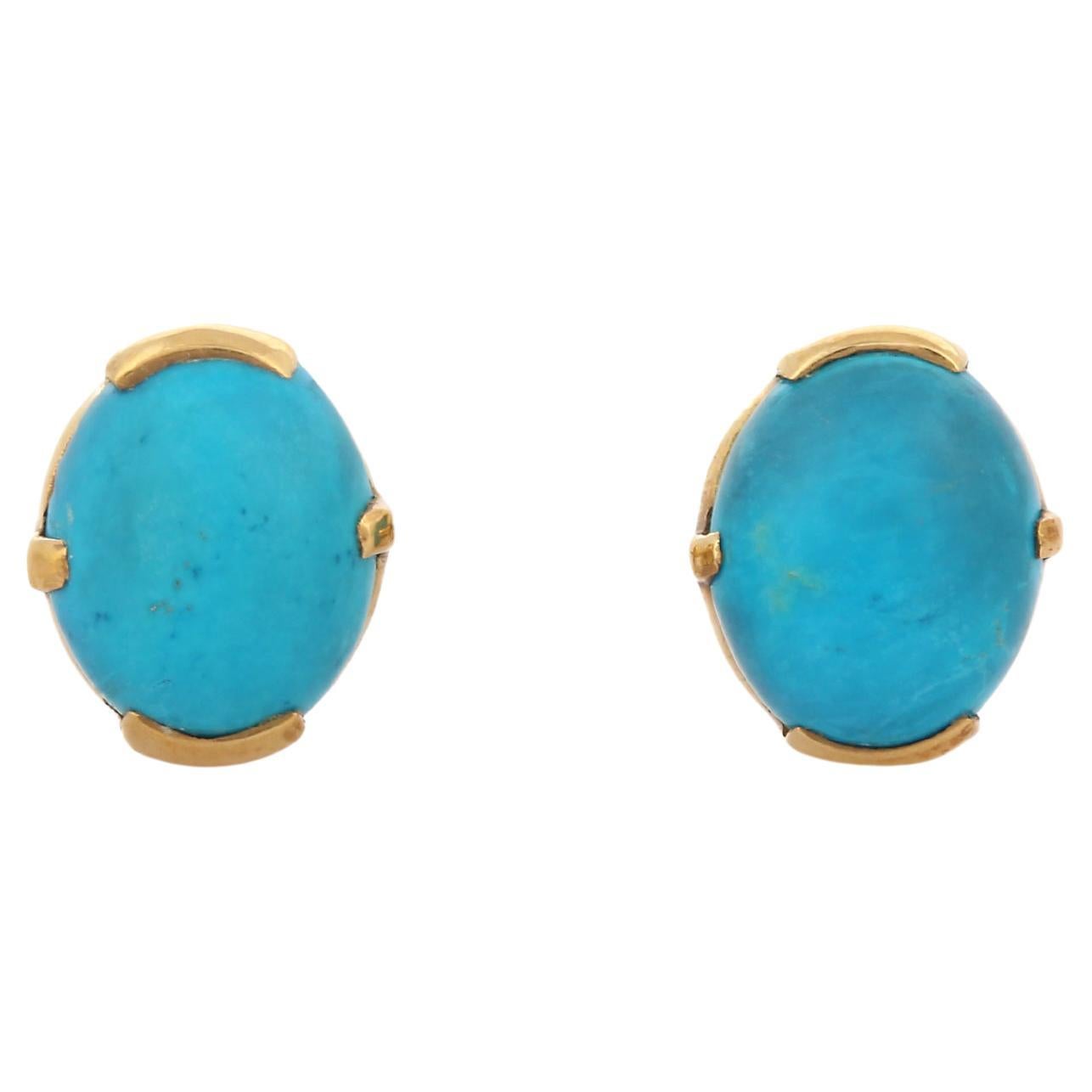 Clous d'oreilles minimalistes en or jaune 18 carats avec turquoise ovale naturelle de 6 carats 