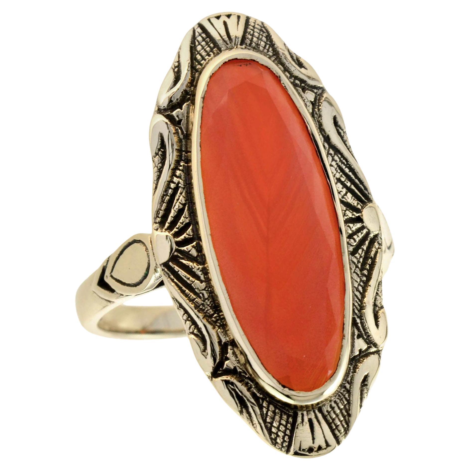 Natural Oval Carnelian Vintage Style Cocktail Ring in Solid 9K Yellow Gold For Sale