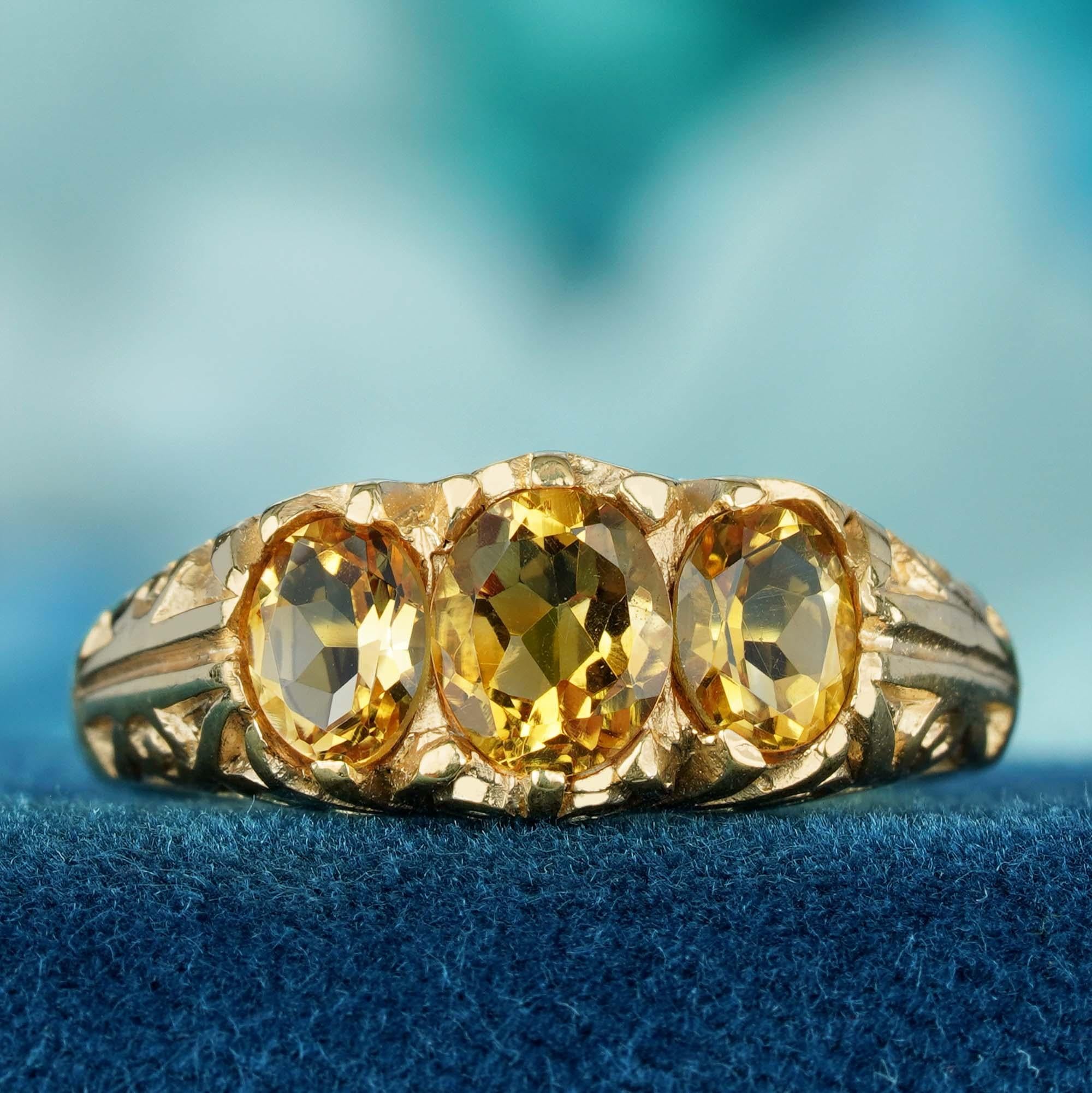 For Sale:  Natural Oval Citrine Vintage Style Three Stone Ring in Solid 9K Yellow Gold 2