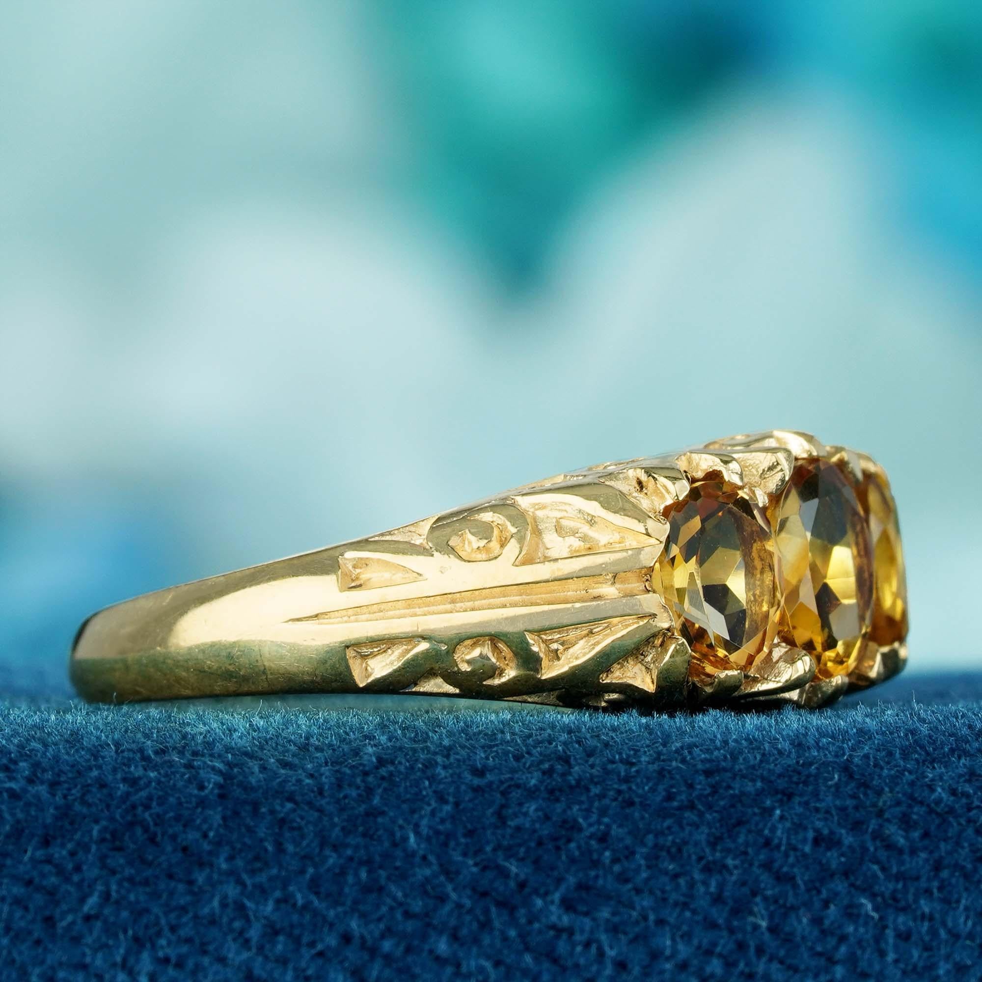 For Sale:  Natural Oval Citrine Vintage Style Three Stone Ring in Solid 9K Yellow Gold 4