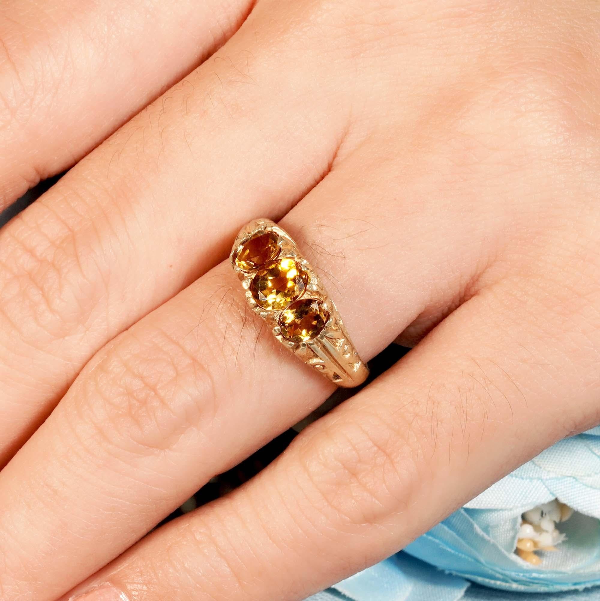 For Sale:  Natural Oval Citrine Vintage Style Three Stone Ring in Solid 9K Yellow Gold 9