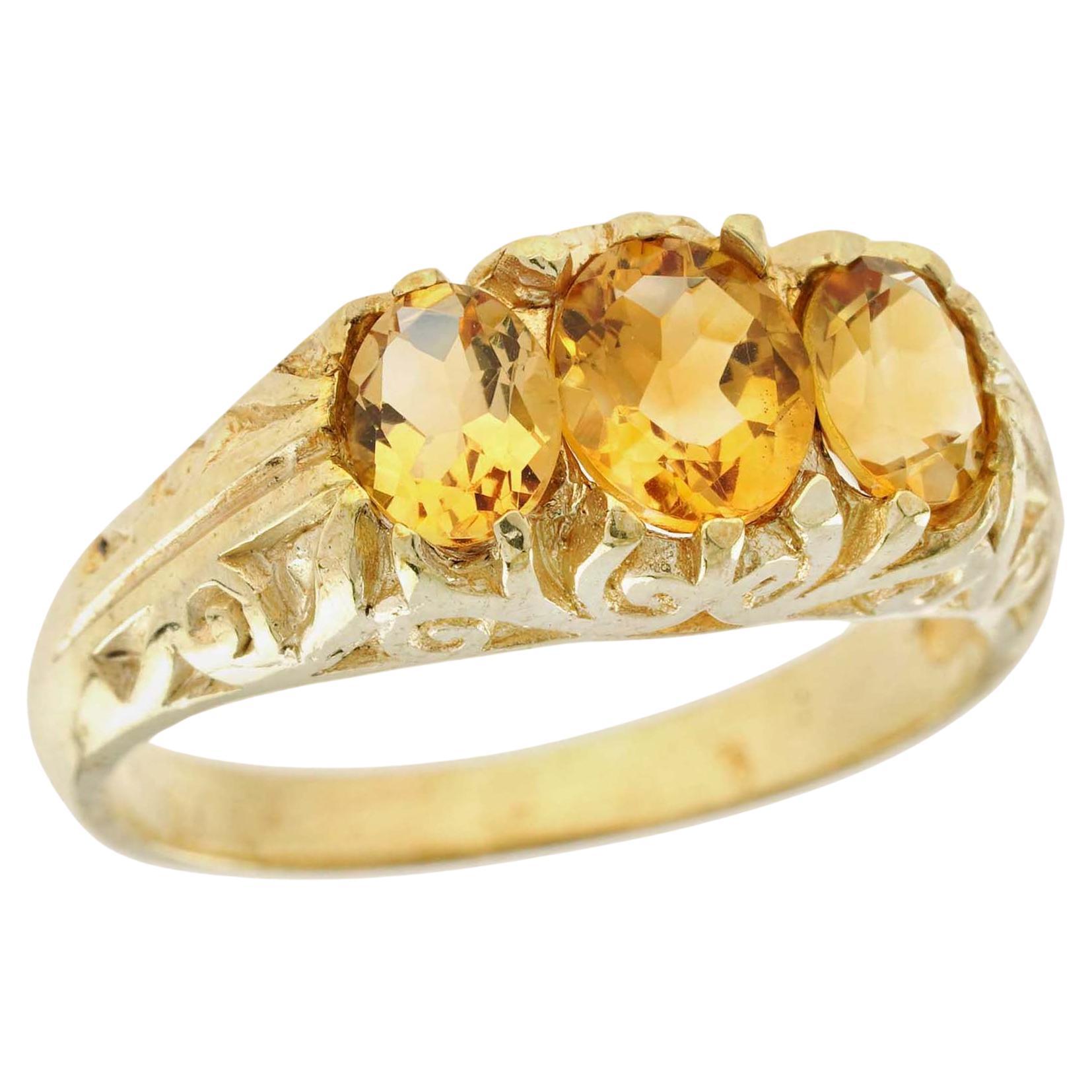 Natural Oval Citrine Vintage Style Three Stone Ring in Solid 9K Yellow Gold