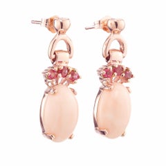 Natural Oval Coral Pink Sapphire Rose Gold Dangle Earrings