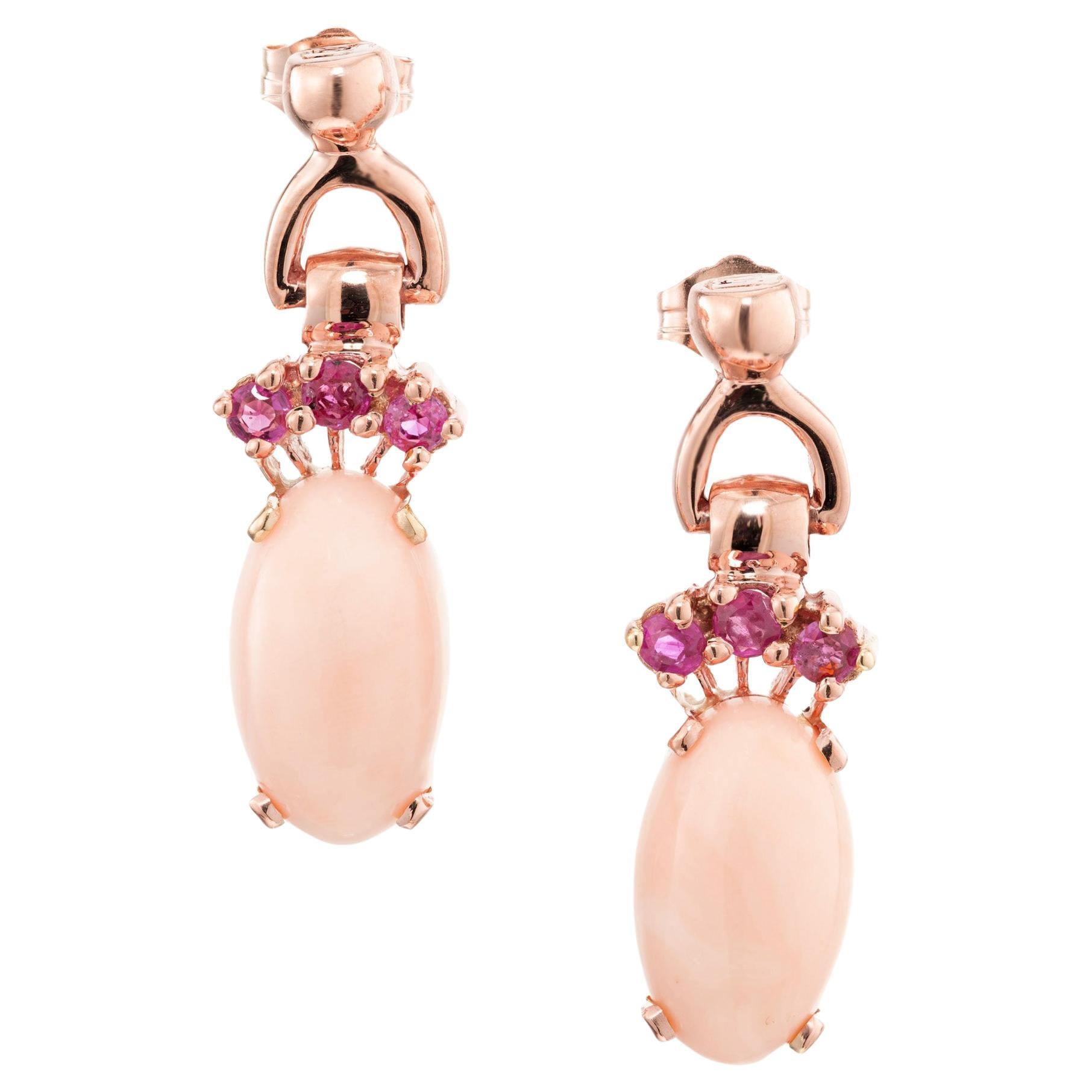 Natural Oval Coral Pink Sapphire Rose Gold Dangle Earrings
