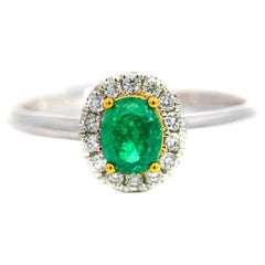 Natural Oval Cut Emerald and Diamond 1.7mm Thin Ring in 18K White Gold