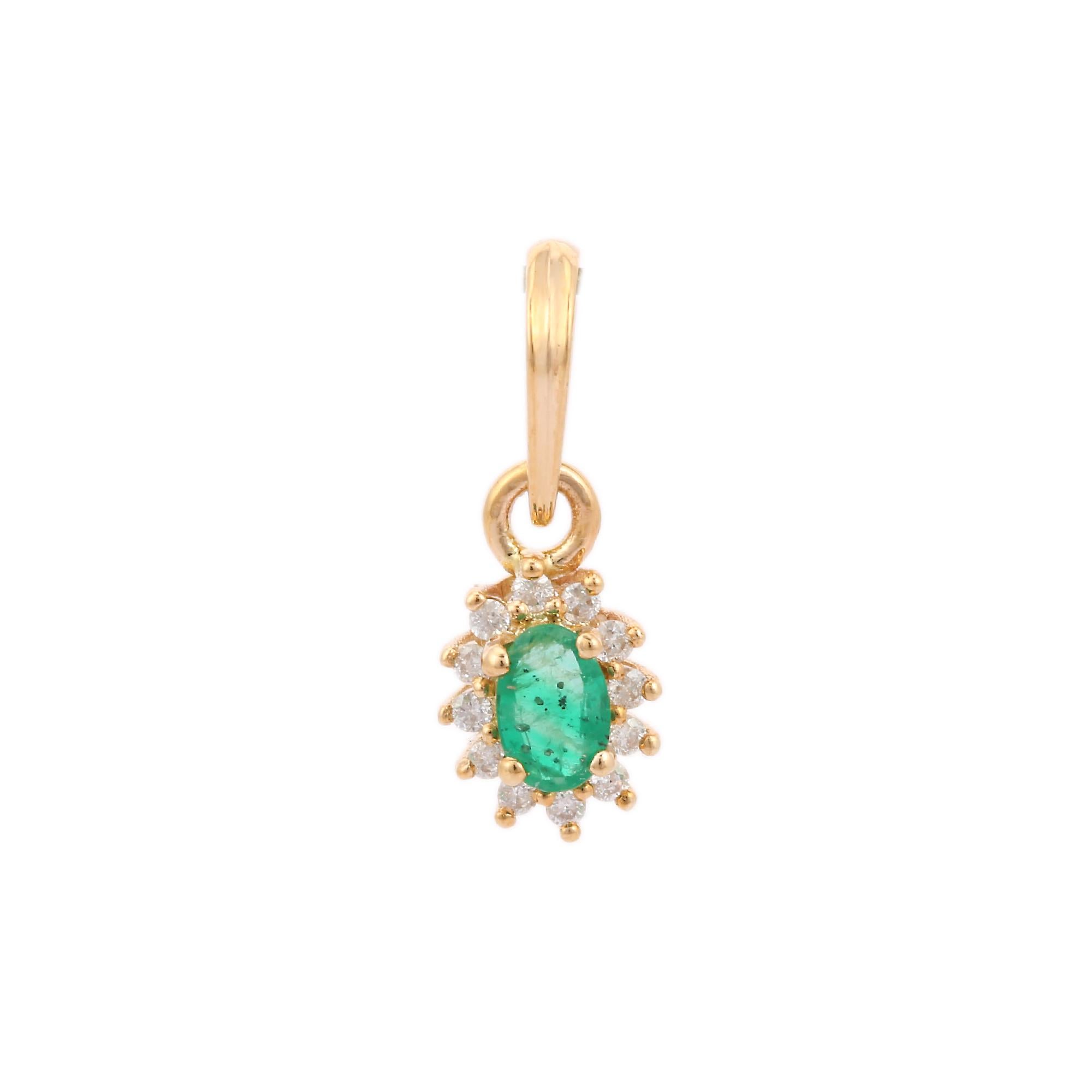 Natural Emerald and Halo Diamond Pendant in 14K Gold. It has a oval cut emerald studded with diamonds that completes your look with a decent touch. Pendants are used to wear or gifted to represent love and promises. It's an attractive jewelry piece