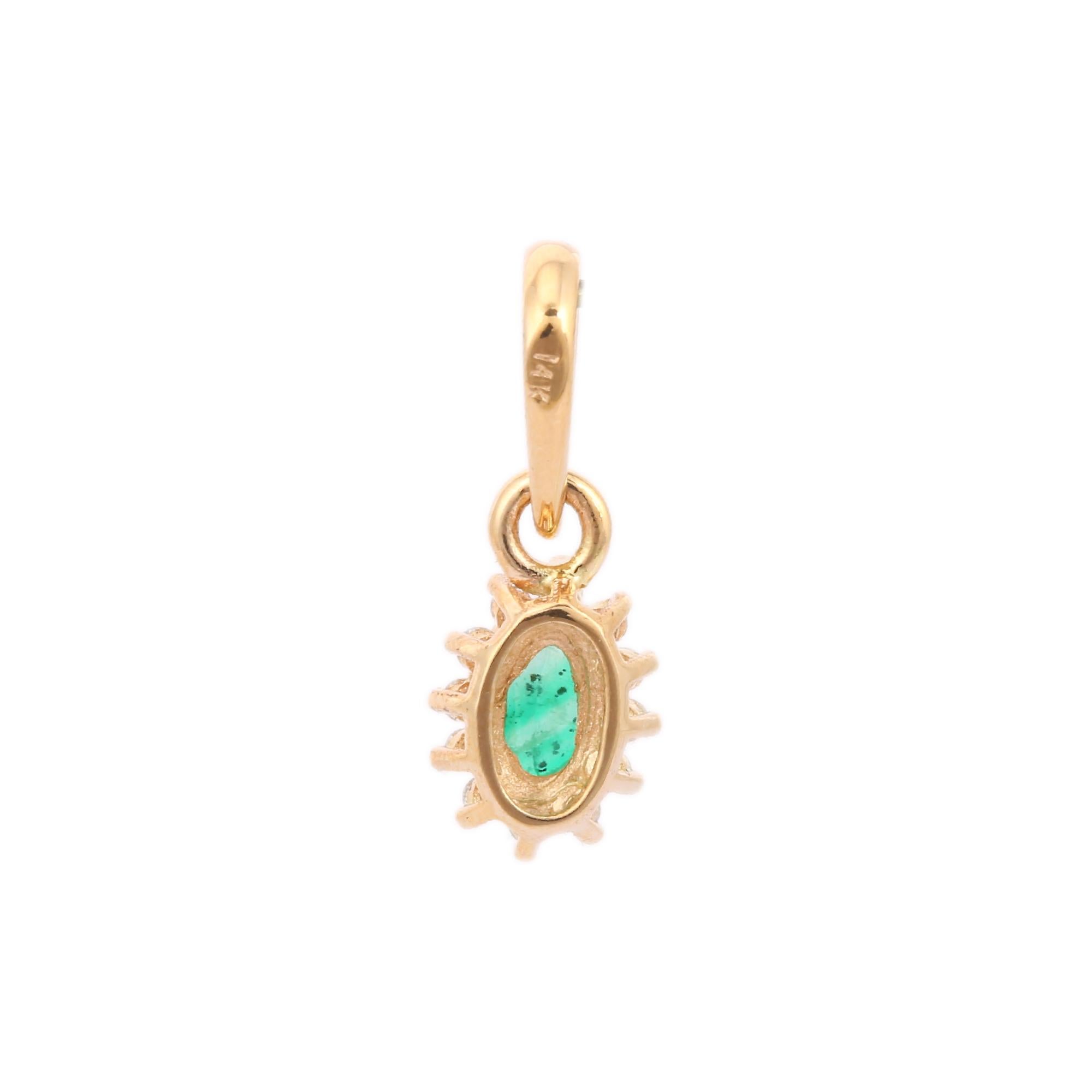 Contemporary Natural Oval Cut Emerald Pendant and Diamond Halo in 14K Yellow Gold for Her  For Sale