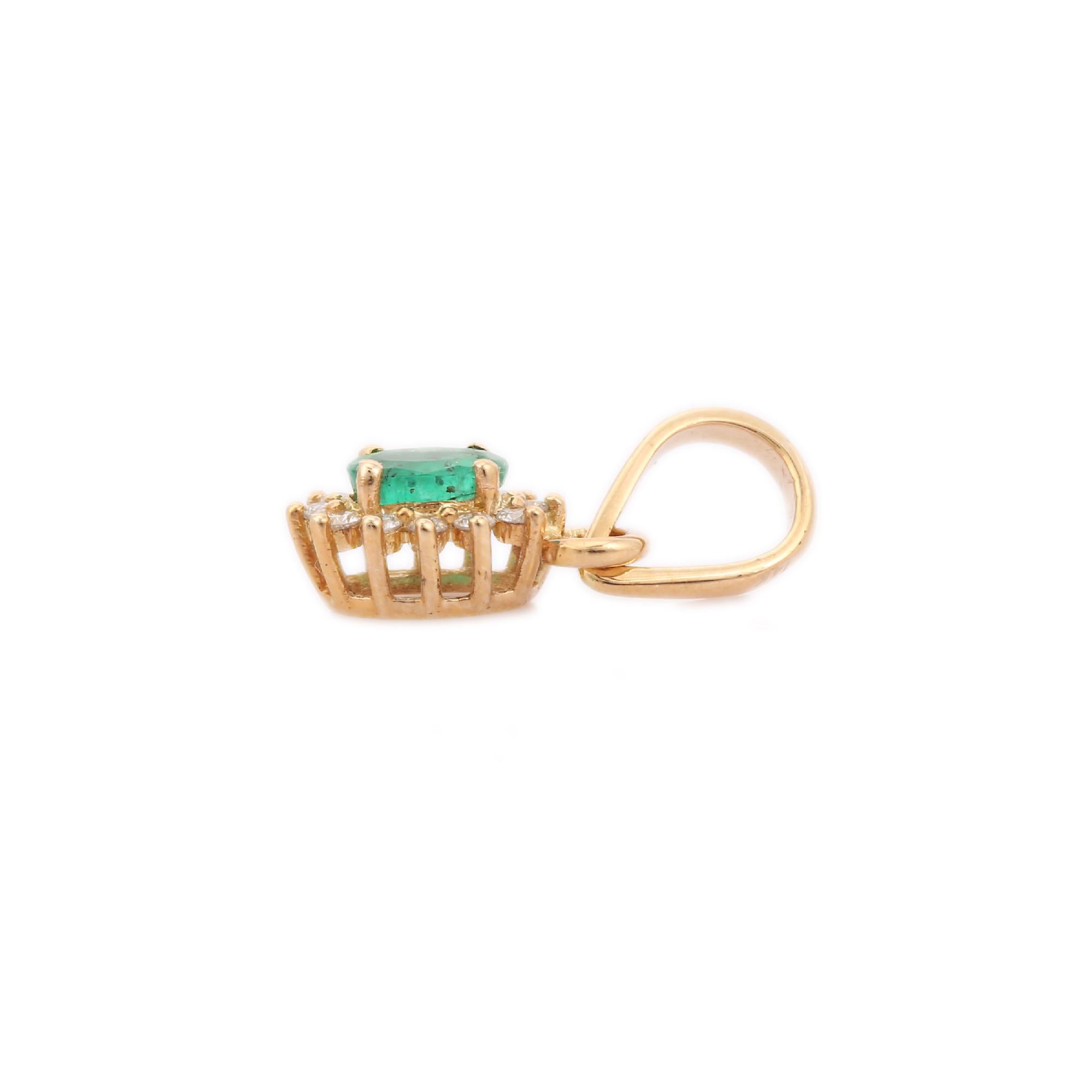 Women's Natural Oval Cut Emerald Pendant and Diamond Halo in 14K Yellow Gold for Her  For Sale