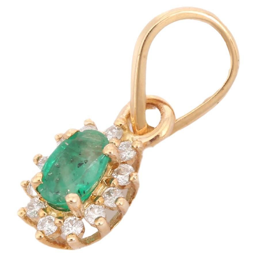 Natural Oval Cut Emerald Pendant and Diamond Halo in 14K Yellow Gold for Her  For Sale