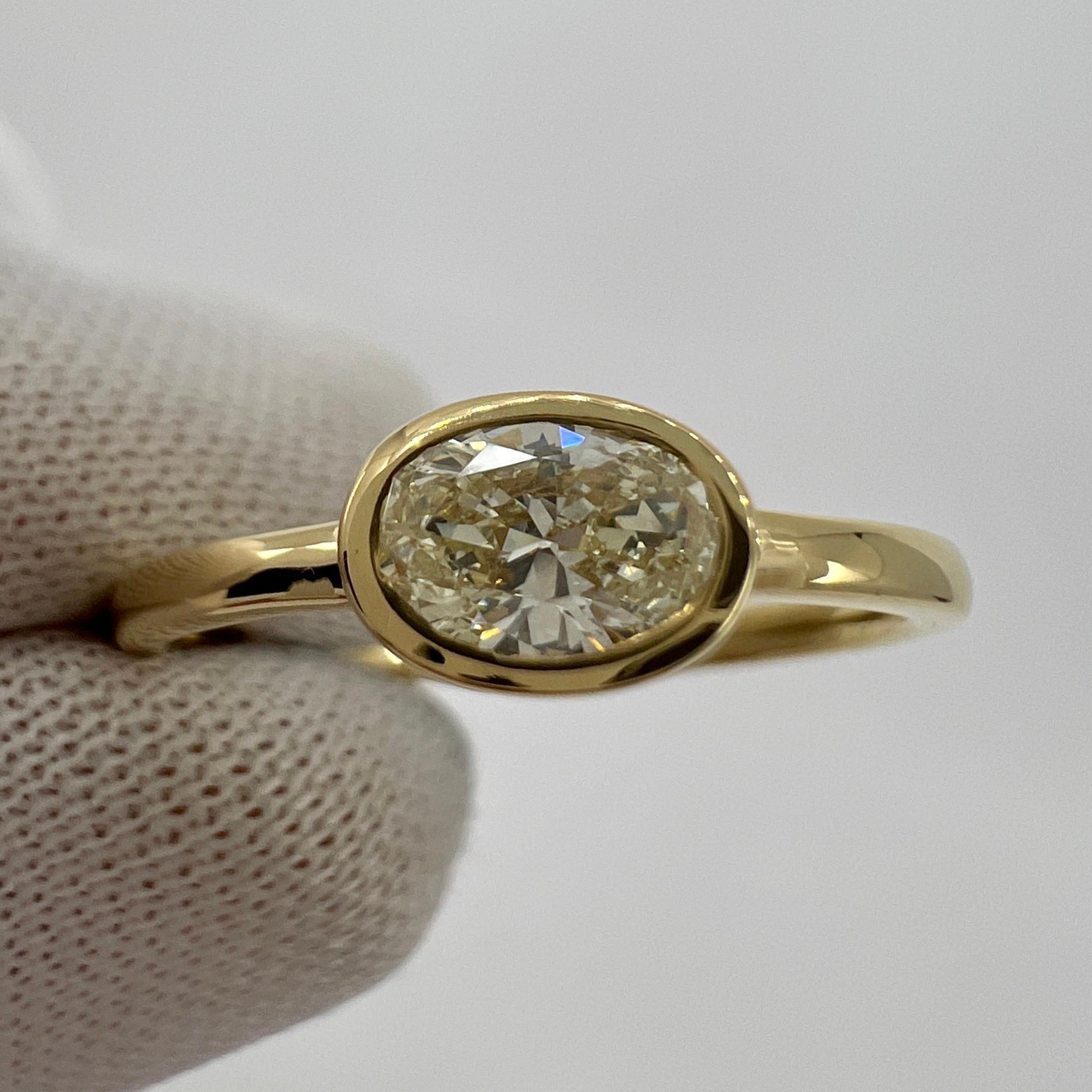 Natural Oval Cut Light Yellow Diamond 18k Yellow Gold Solitaire East West Style Ring.

This unique ring features a rubover bezel set 0.32 carat natural light yellow diamond with approx VVS clarity. Also has an excellent oval brilliant cut. Untreated