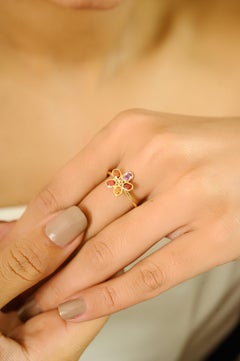 Natural Oval Cut Multi Sapphire Flower Cluster Ring in 14k Solid Yellow Gold