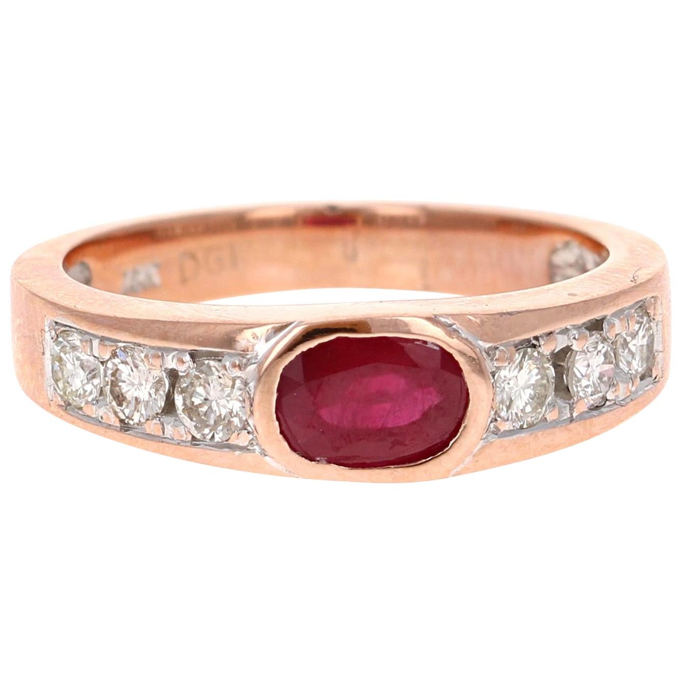 Natural Oval Cut Ruby Diamond 18 Karat Rose Gold Band For Sale