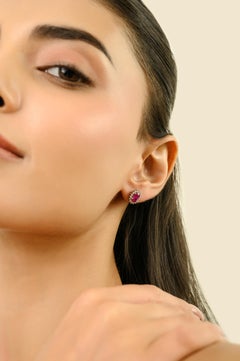 Natural Oval Cut Ruby & Diamond Halo Stud Earrings in 14K Solid White Gold