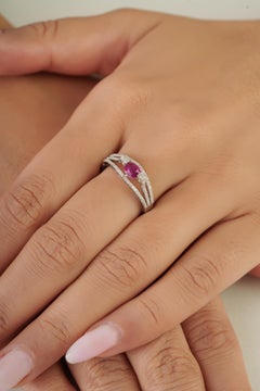 Natural Oval Cut Ruby & Diamond Split Shank Bypass Ring in 14K White Gold, USA